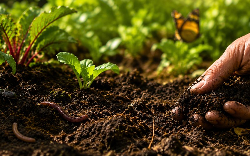A hand in living soil with earthworms and seedlings