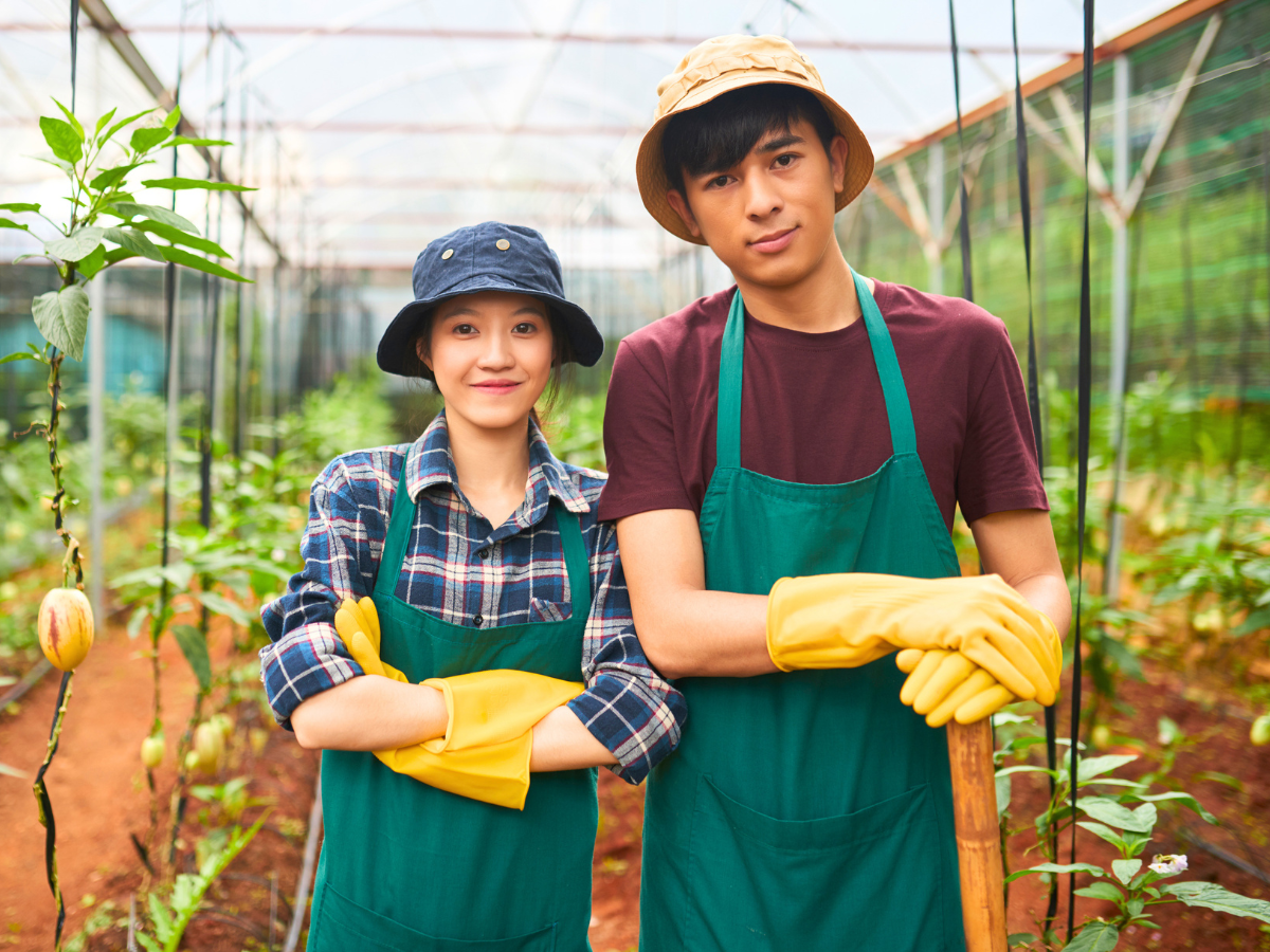Two farmers standing together in a greenhouse