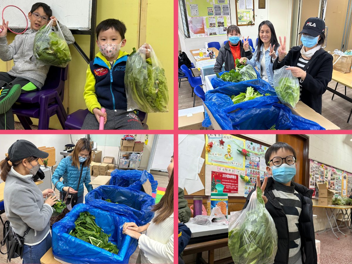 Children and volunteers with bags of fresh vegetables